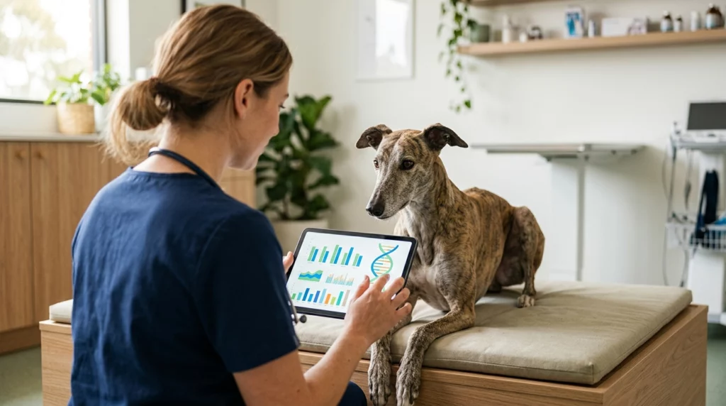 A veterinarian in a modern clinic showing abstract colorful genetic charts on a tablet to a calm greyhound, emphasizing canine DNA research.