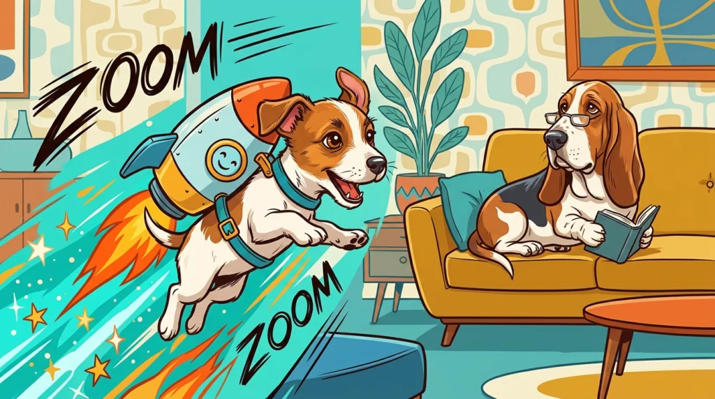 A playful illustration of a hyperactive puppy with a metaphorical rocket trail zooming past a calm, older dog relaxing on a sofa, representing rapid early aging.
