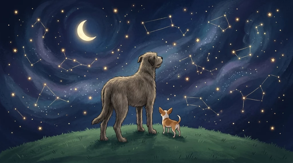A cozy storybook illustration of a massive Irish Wolfhound and a tiny Chihuahua standing side-by-side on a grassy hill, gazing up at a starry night sky.