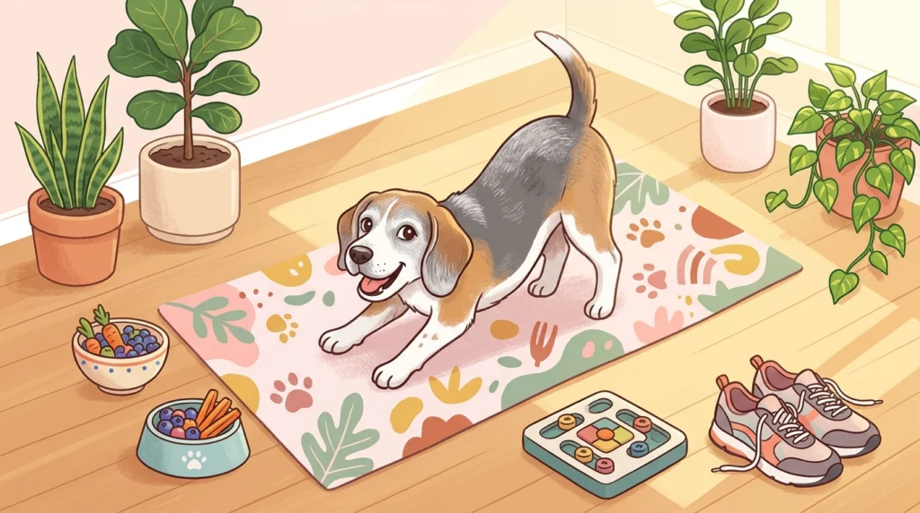 A playful illustration of a happy senior dog with a grey muzzle doing a yoga stretch on a mat, surrounded by a puzzle toy, a bowl of healthy food, and walking shoes.