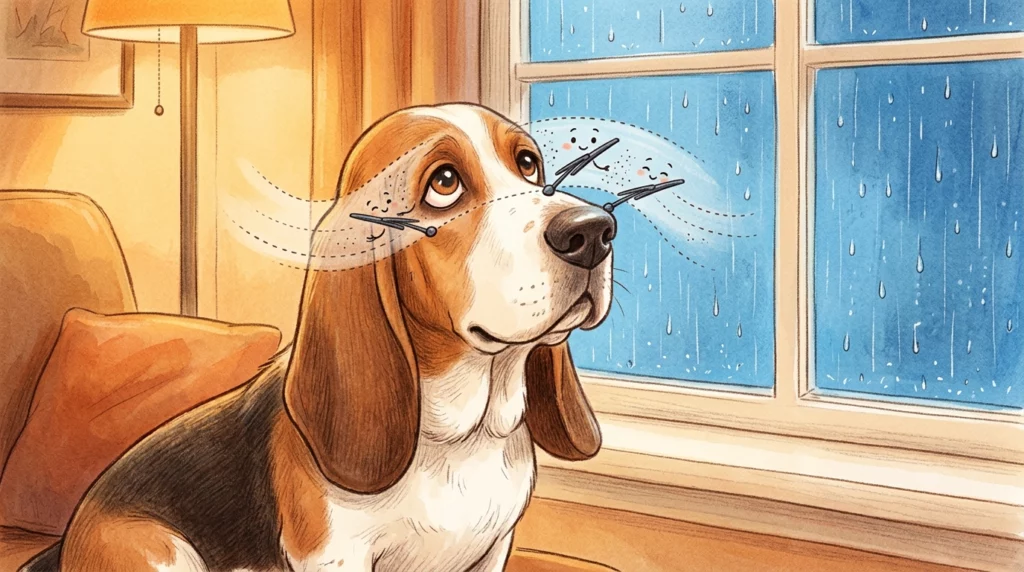 Storybook illustration of a cozy Basset Hound by a rainy window, with stylized windshield wipers gently cleaning its big eyes.