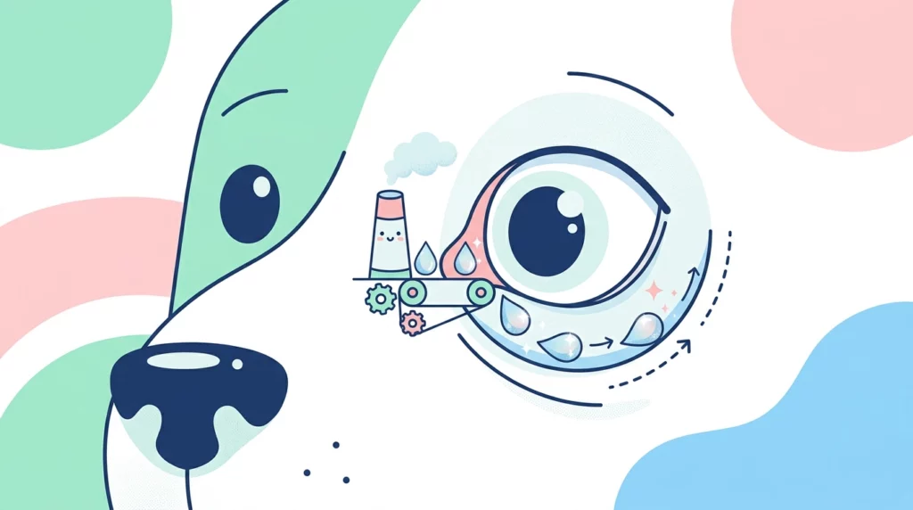A playful diagram-like illustration of a dog's eye showing a stylized 'tear factory' distributing glistening moisture.