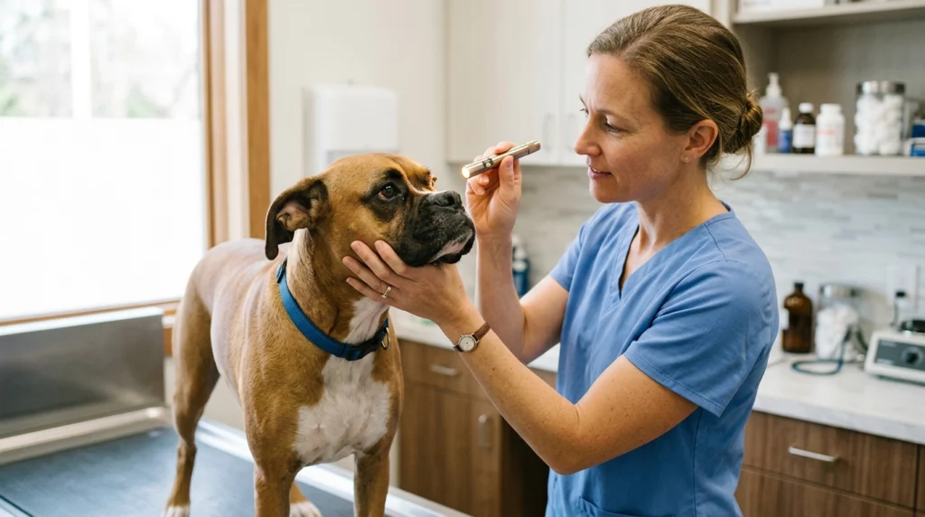 A veterinarian gently examining a Boxer dog's eyes in a bright, modern clinic.