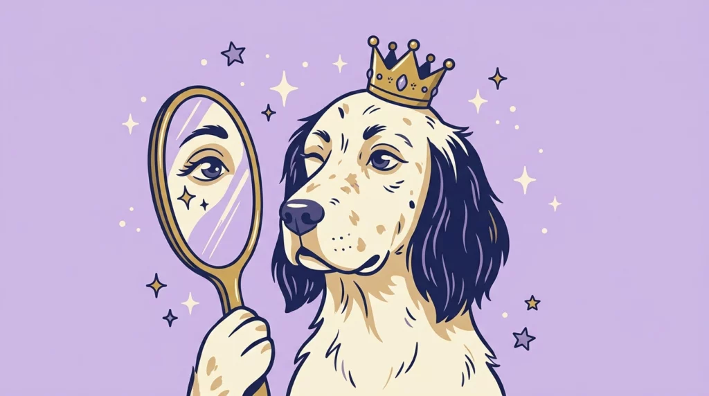 Playful illustration of Niki the English Setter wearing a tiny crown and admiring her eyes in a vintage mirror.