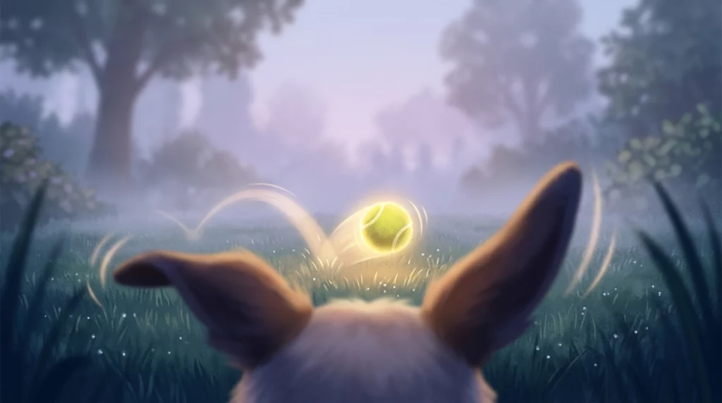 Storybook illustration from a dog's point of view, watching a glowing yellow ball bounce through a dim, soft-focus yard.