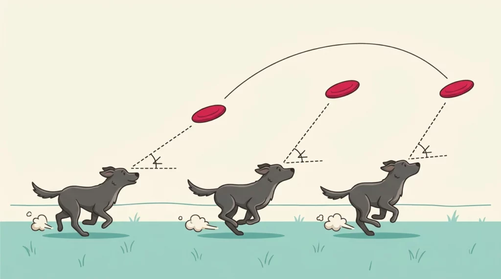 A playful diagram showing a dog running to catch a red disc, with dashed lines illustrating how it keeps its gaze angle constant.