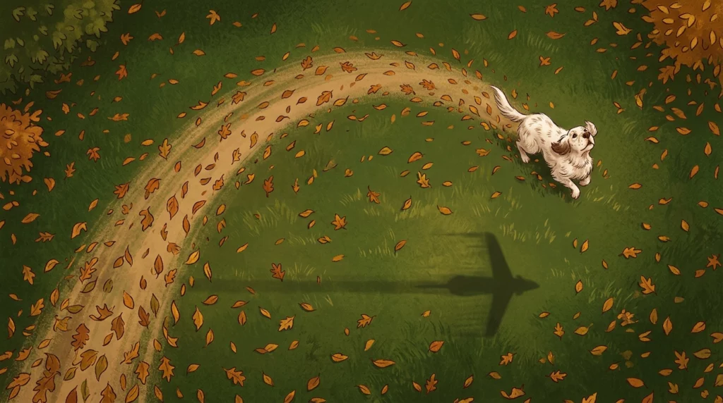 Storybook-style overhead view of a dog running in a graceful curve across an autumn lawn to catch a toy.