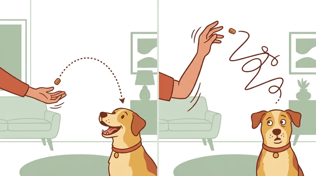 Playful two-panel illustration comparing a smooth underhand treat toss to a chaotic, confusing overhand throw.