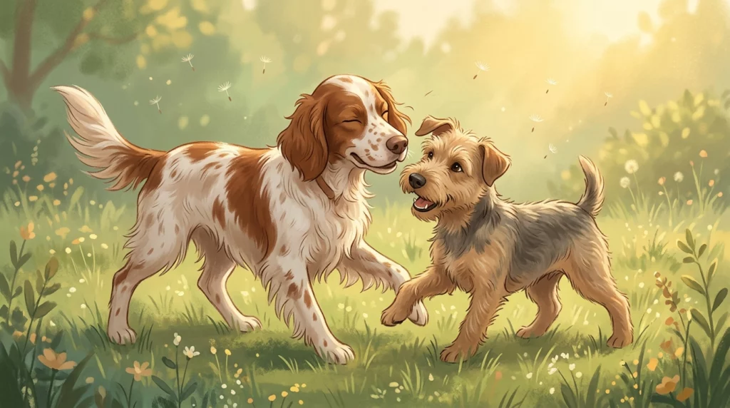 A warm storybook illustration of two dogs playing gently in a grassy yard, with one dog play-sneezing to signal peace.