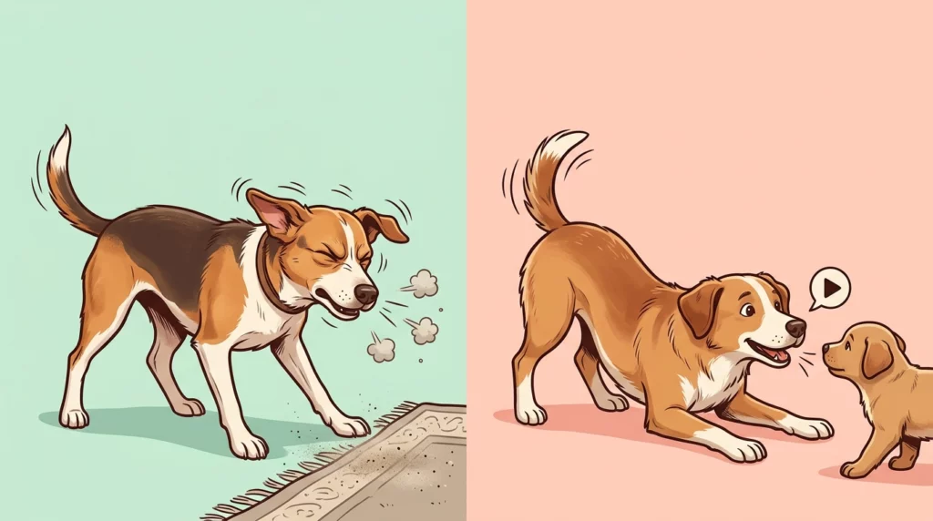 A side-by-side illustration comparing a tense dog sneezing from dust on the left to a relaxed dog play-sneezing in a play-bow on the right.