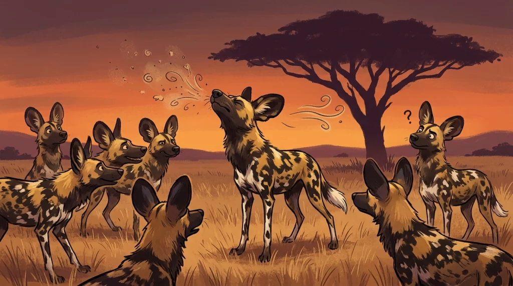 A playful illustration of a pack of African wild dogs on the savannah, with one dog sneezing to initiate a group vote.