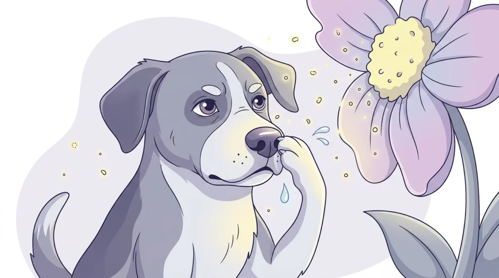 A gentle illustration of a dog sitting next to a pollen-heavy flower, looking at its tickled nose, representing non-play-related sneezes.