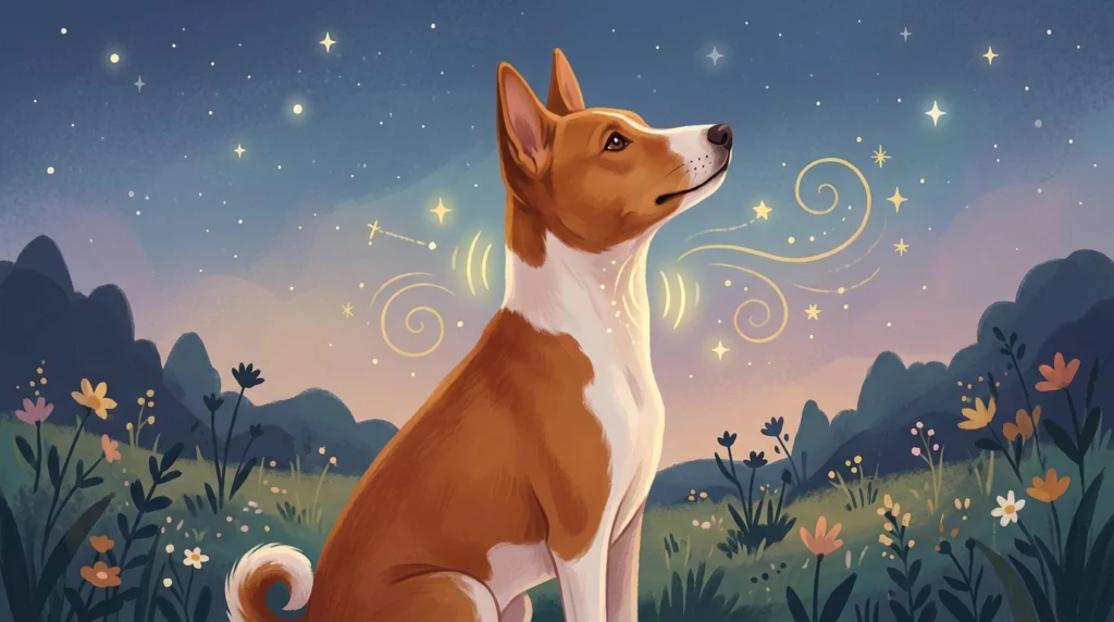 A charming storybook illustration of a Basenji sitting peacefully under a starry sky, with glowing golden swirls near its chest symbolizing its quiet throat anatomy.