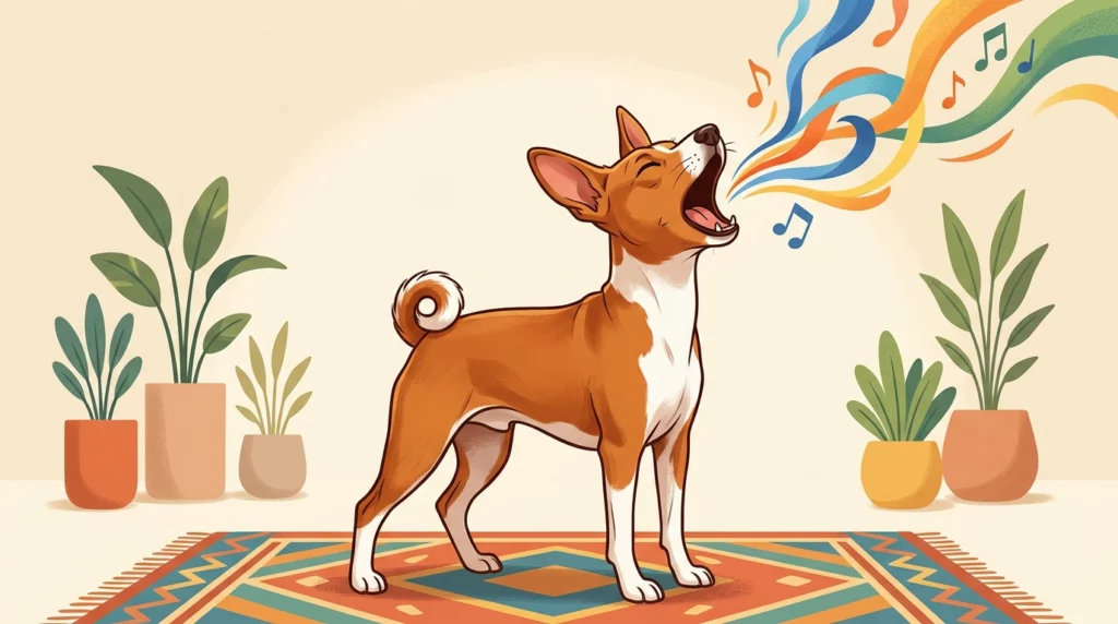 A playful editorial illustration of a Basenji throwing its head back to yodel, with colorful abstract sound ribbons swirling from its mouth.