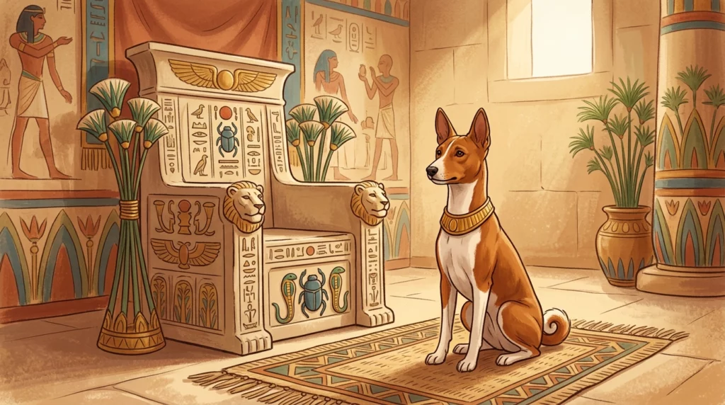 A warm storybook illustration of a regal Basenji sitting beside an ancient Egyptian pharaoh's throne in a grand stone palace hall.