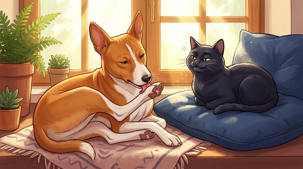 A playful illustration of a Basenji grooming its face with a paw like a cat, while a black cat watches in quiet approval on a cozy windowsill.
