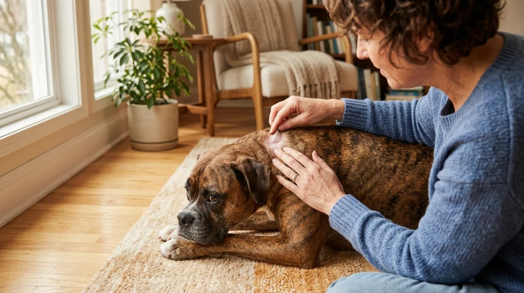 Close-up of a person gently parting a brindle dog's short fur to check the healthy skin underneath in a sunny living room.