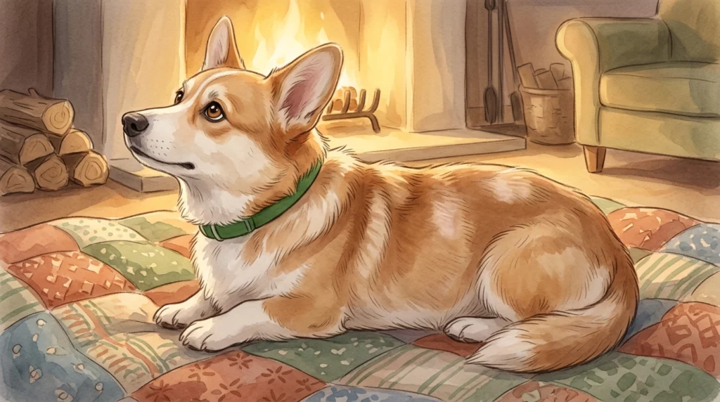 A gentle storybook illustration of an older Corgi resting on a patchwork quilt, showing subtle symmetrical coat thinning.