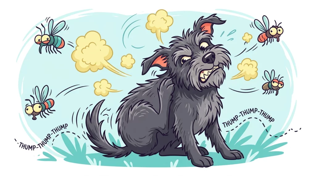 A playful cartoon illustration of a scruffy dog energetically scratching, with funny little allergy clouds bouncing away.