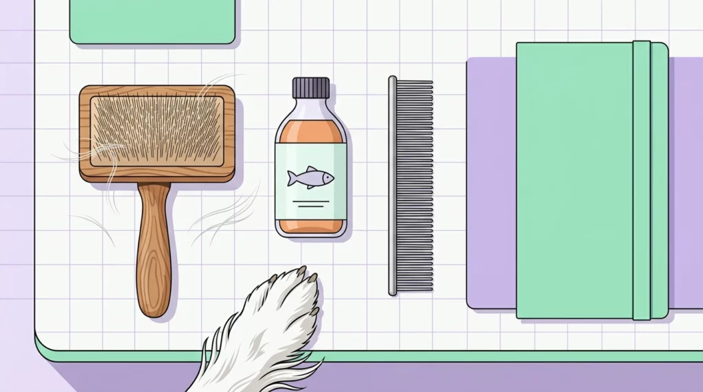 An overhead flat-lay illustration of grooming tools like a wooden brush, comb, and salmon oil bottle, with a dog paw in the corner.