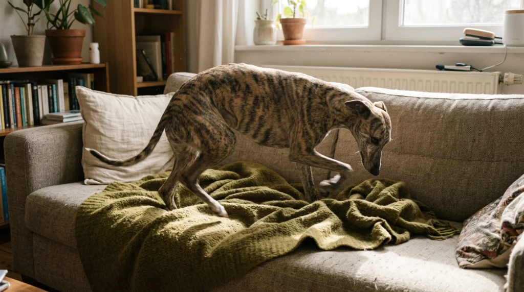 A documentary photo of a brindle Whippet spinning in a circle on a sofa cushion, kicking up a cozy wool blanket.
