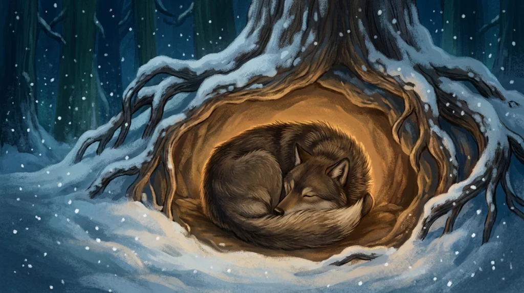 A warm storybook illustration of an ancient wolf sleeping curled in a ball inside a cozy, glowing den protected from the winter snow.