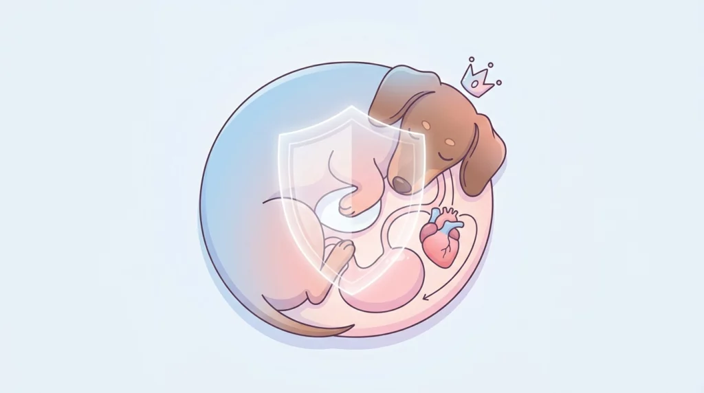 A playful illustration of a curled Dachshund with a soft, glowing shield symbol protecting its delicate belly and throat.