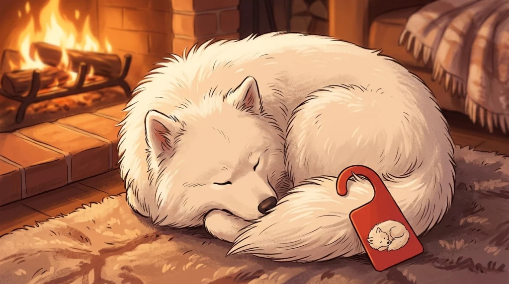 A playful illustration of a fluffy white dog sleeping in a tight ball with a 'Do Not Disturb' sign hanging from its tail.