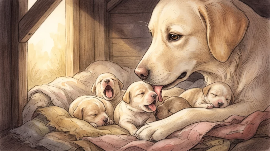 A soft, storybook-style illustration of a mother dog gently licking her sleeping puppies in a cozy nest.