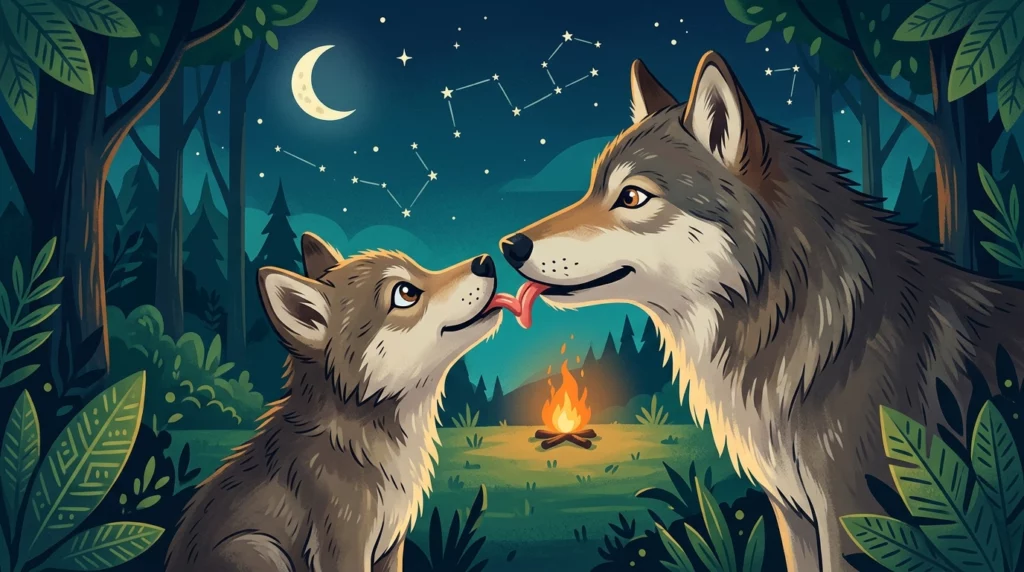 A whimsical illustration of a wolf puppy licking the snout of an adult wolf under a starry night sky.