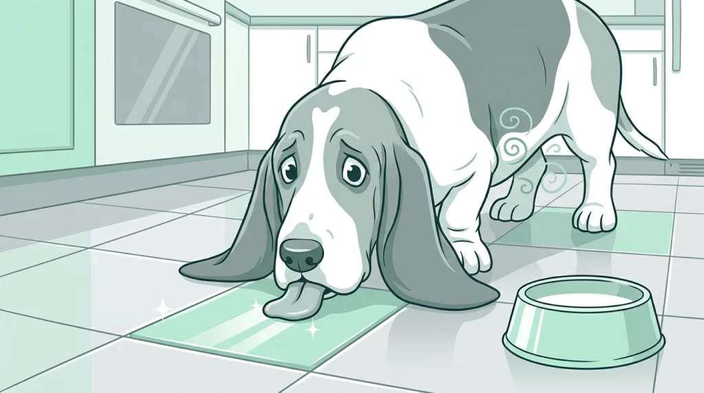 An illustration of a basset hound licking a cool kitchen floor tile, representing how dogs soothe nausea.