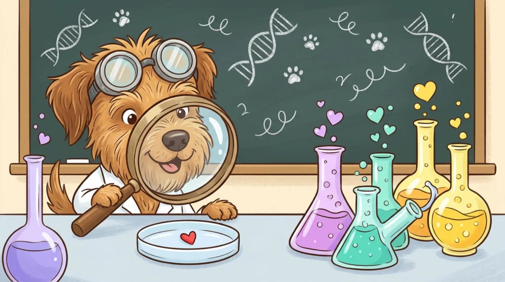 A fun illustration of a dog wearing safety goggles in a science lab, examining a tiny heart in a petri dish.