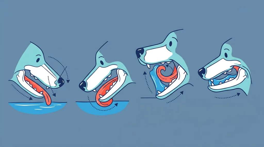 Diagrammatic illustration demonstrating how a dog curls its tongue backwards to draw a liquid column upward.