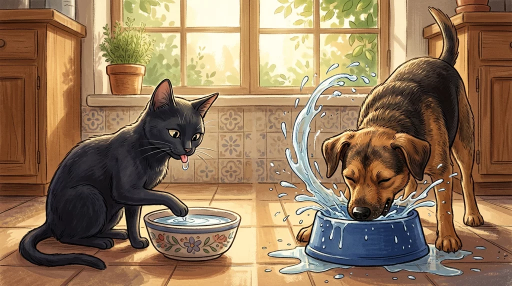 Storybook illustration comparing a cat delicately skimming water with a dog smashing into a water bowl with energetic splashes.
