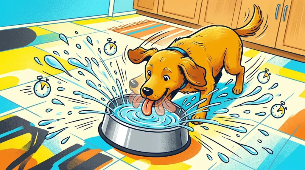 Playful illustration showing the rapid speed of a dog lapping water up to five times per second with motion effect lines.