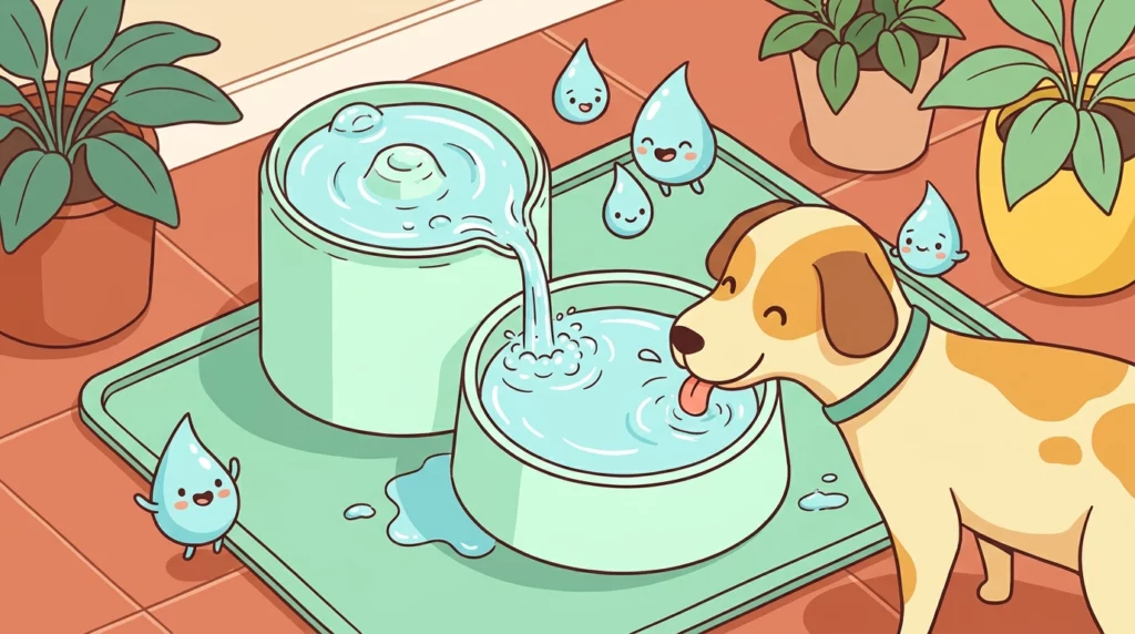 Playful illustration of a modern dog hydration setup featuring a water fountain, wide bowl, and splash mat.