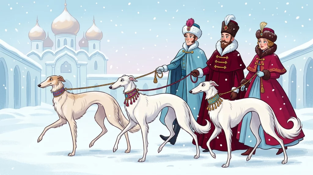 Playful illustration of Russian nobles walking elegant Borzois in a snowy palace yard.