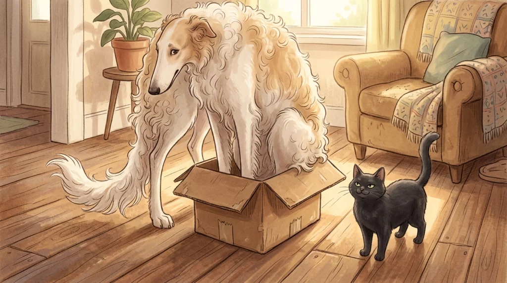 Storybook illustration of a large Borzoi trying to fit into a tiny cardboard box while a black cat watches.