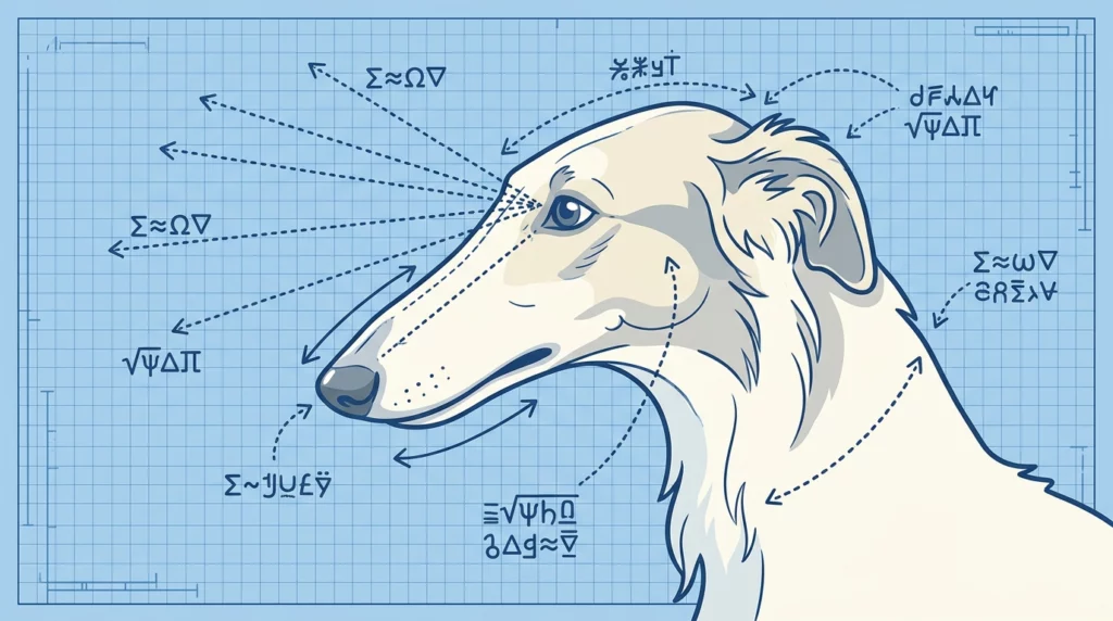 Playful blueprint-style illustration of a Borzoi's long head showing panoramic sightlines.