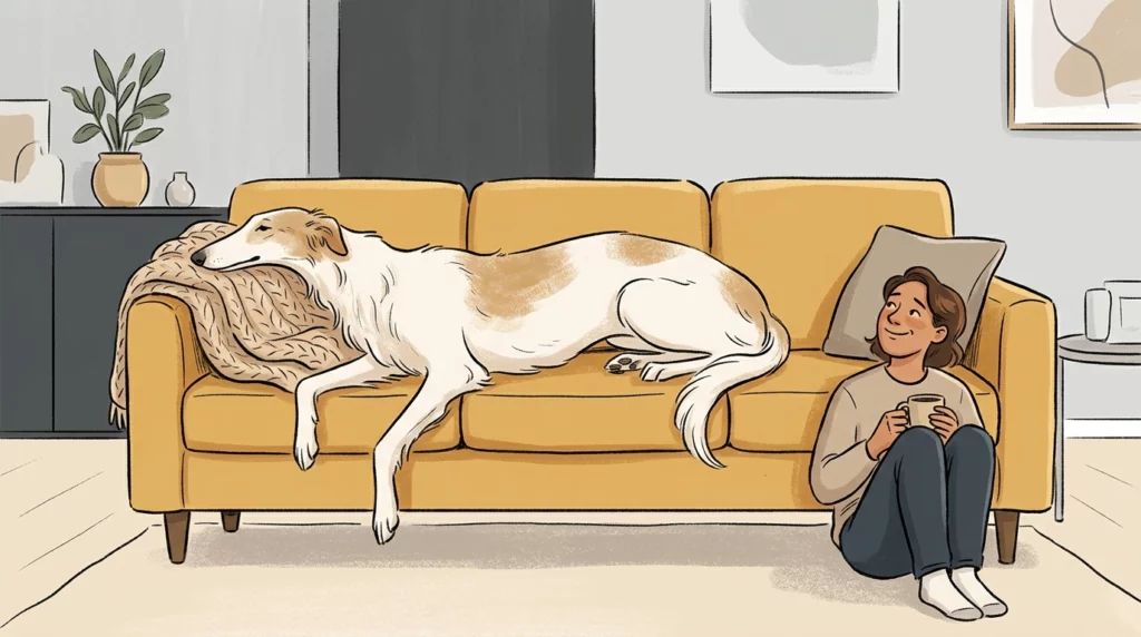 Playful illustration of a Borzoi stretching out across an entire sofa, leaving no room for its owner.