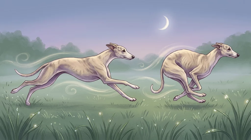 A warm storybook-style sequence showing a Whippet in the two phases of a double suspension gallop: fully stretched out and tightly tucked in.