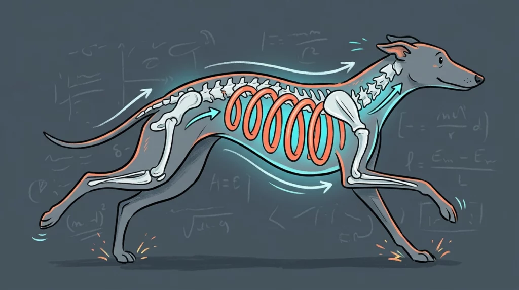 An editorial illustration of a dog's torso with its spine humorously depicted as a glowing metal spring contracting and expanding.