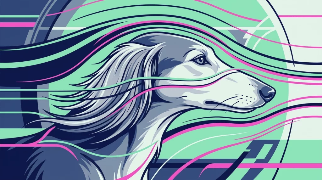 A sleek Saluki slicing through smooth, colorful wind tunnel lines, showcasing its aerodynamic head and body shape.