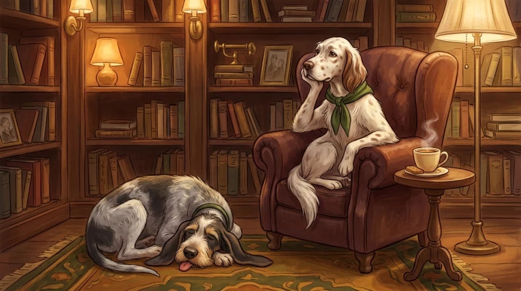 A cozy storybook scene of Niki the English Setter sitting gracefully in a library chair while Blu the Griffon sleeps in a chaotic, tangled pile on the floor.