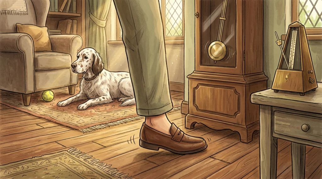 A warm storybook illustration showing a human tapping their foot to a steady beat while a serene dog focuses on a ball, showing the difference in rhythm perception.