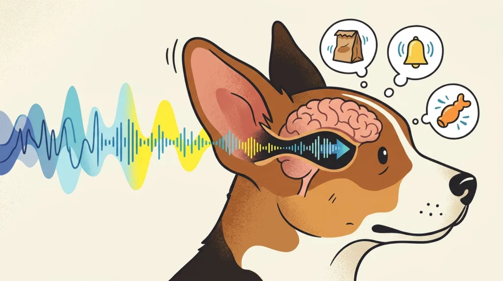 An editorial diagram showing sound waves entering a dog's ear and transforming into icons of a treat bag and a squeaker toy, representing acoustic pattern recognition.