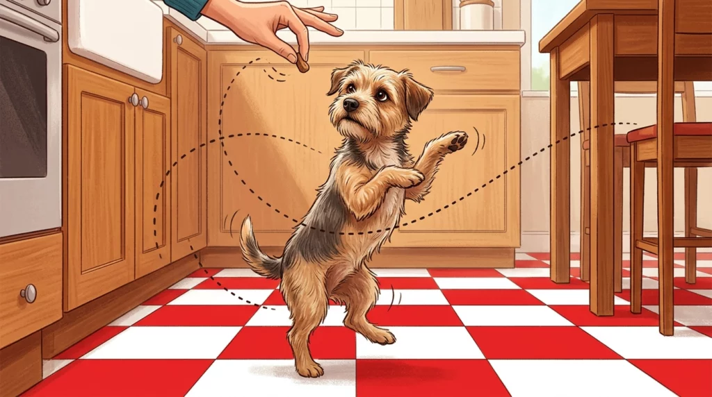 An illustration of a scruffy terrier performing a 'dance' on its hind legs, tracking a treat held by an off-screen hand to reveal the illusion of rhythm.