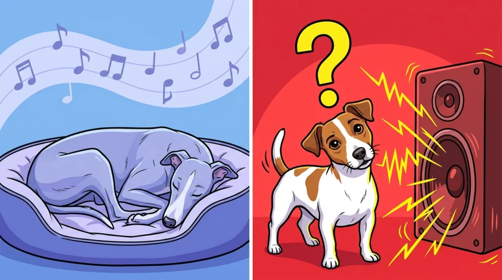 A split-screen illustration showing a Greyhound sleeping peacefully to classical music on the left, and a Jack Russell Terrier looking confused by loud music on the right.