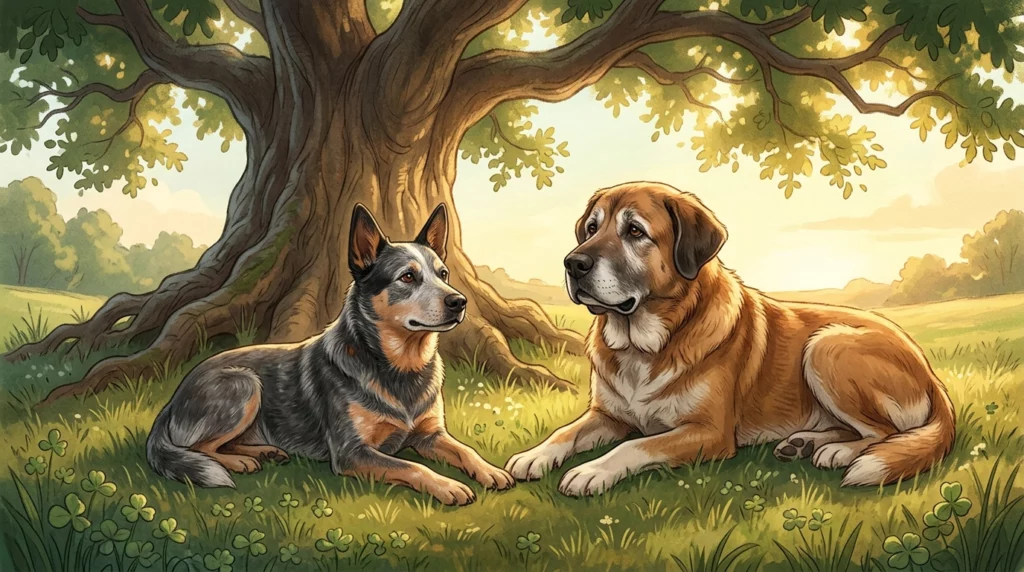A warm storybook illustration of an Australian Cattle Dog and a Rafeiro do Alentejo resting under an old oak tree.