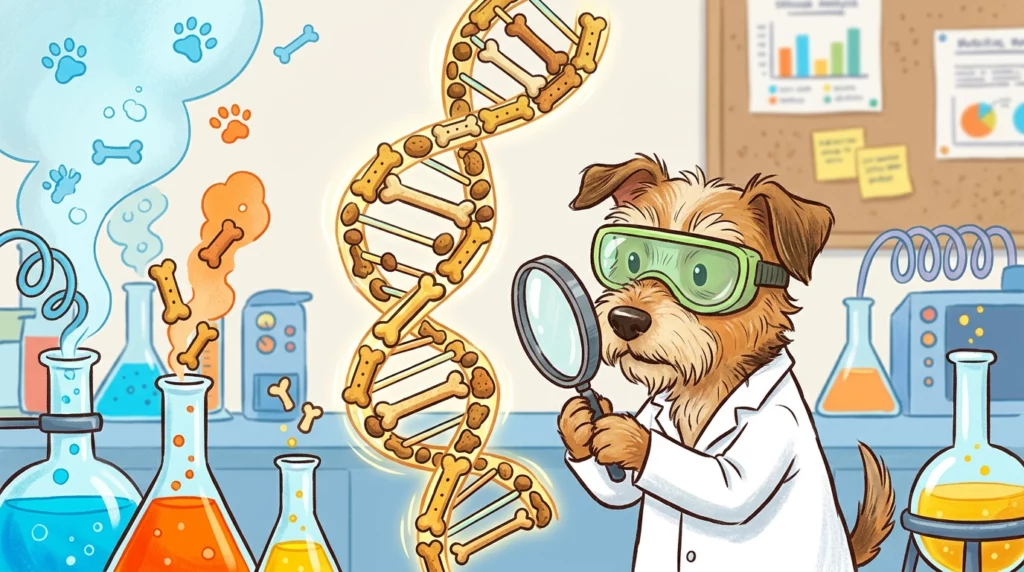 A playful illustration of a dog scientist analyzing a double-helix DNA strand made of dog treats.